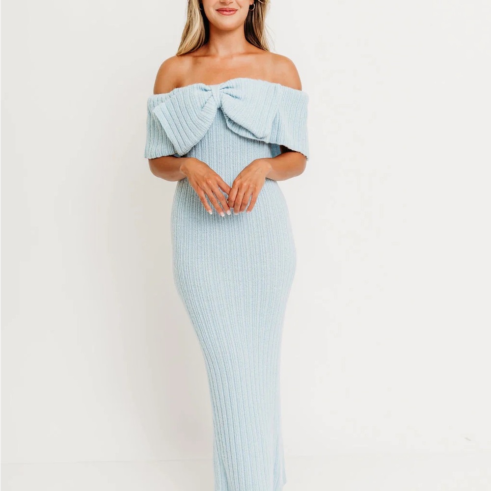 Light Blue Off-Shoulder Maternity Dress Worth Collective Aston Bow Sweater